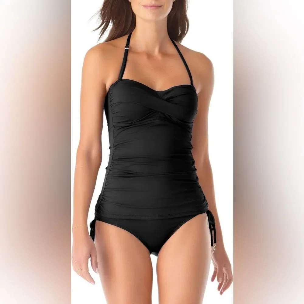 NWT Anne Cole | Women's Solid Twist Front Bandeaukini Swimwear Top Black‎ XL
